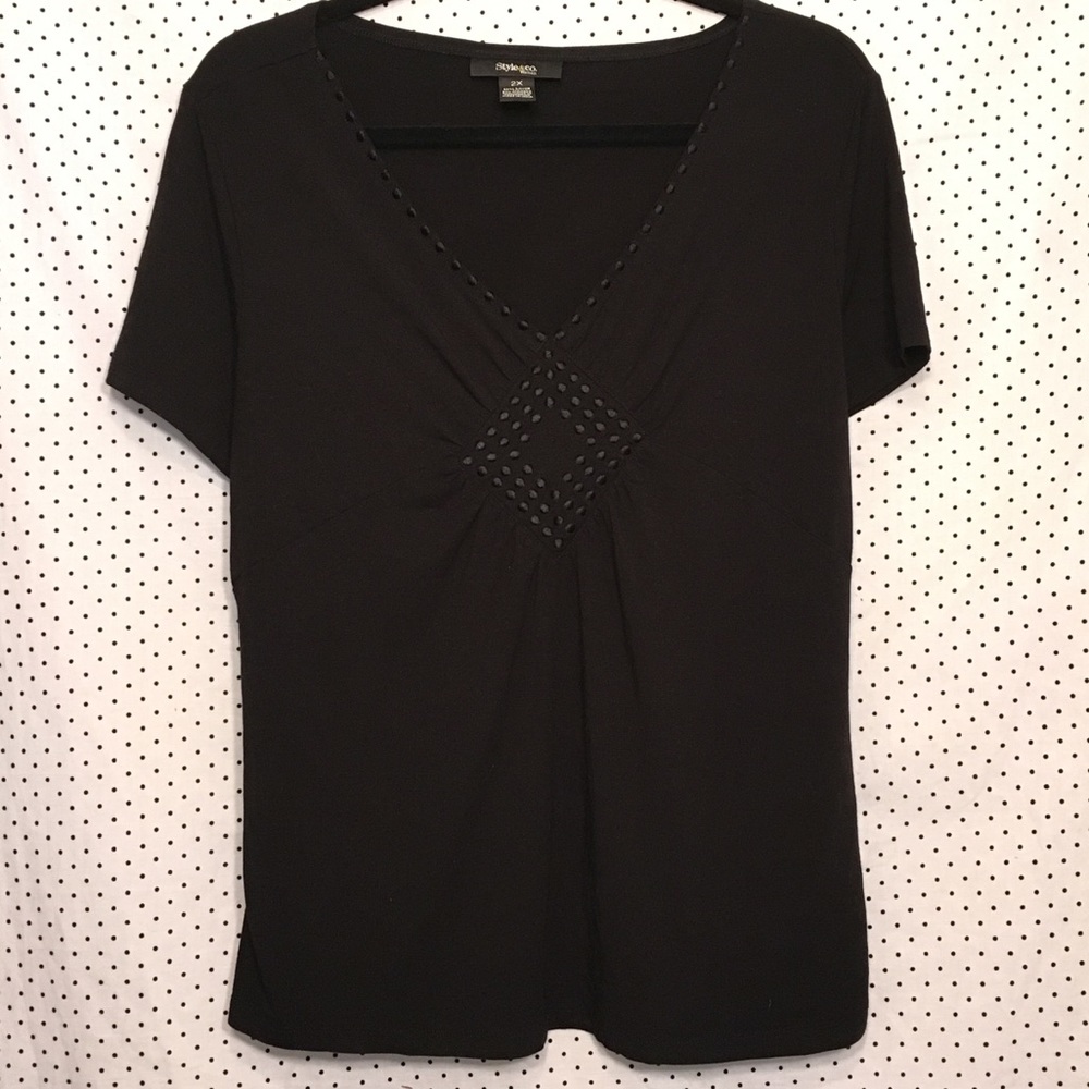 Black V Neck Short Sleeve Embroidered Stretch Top - Picture 1 of 5